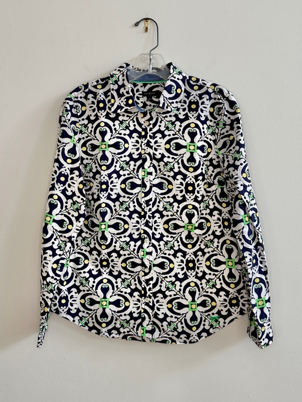 Talbots Cotton Navy, White & Lime Green Print Button-Up Shirt